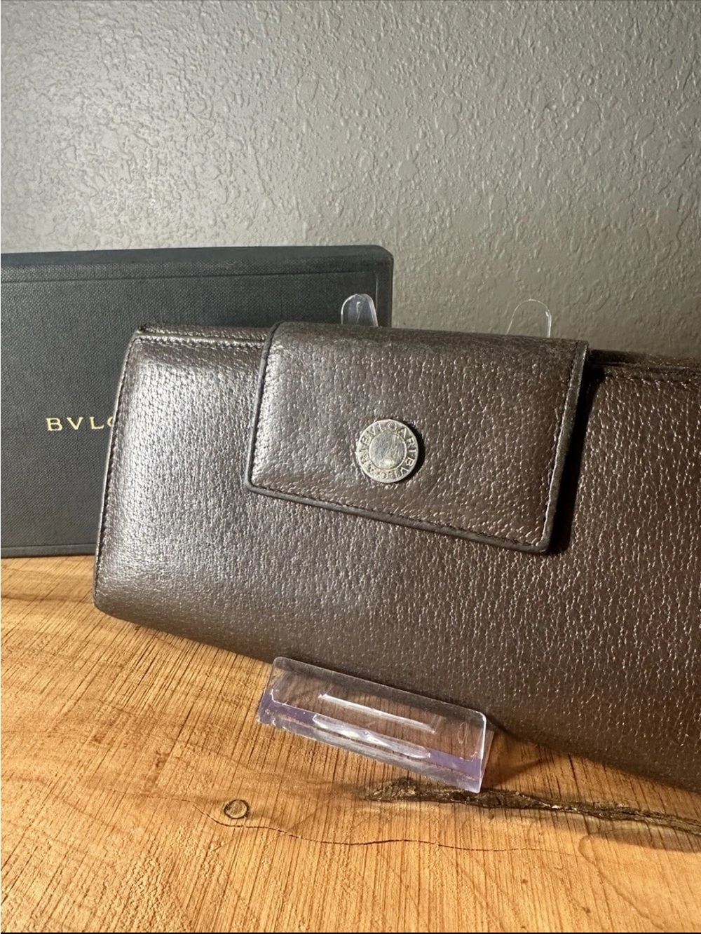 Bvlgari Brown Pebbled Leather Continental Wallet Long Bifold Italy Authentic